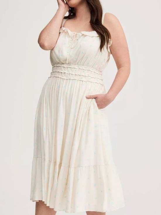 TORRID Dresses & Skirts - TORRID Cream Smocked Waist Midi Dress Delicate Blue Floral Print. Size 3.